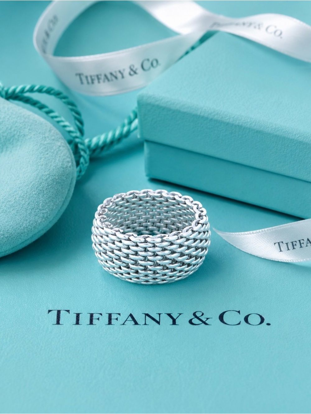 Tiffany & Co. Retired Somerset Flexible Mesh Ring Domed Sterling Silver Size 6